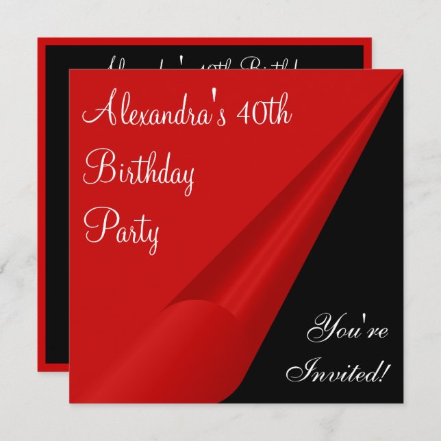 Red Black & White 40th Birthday Party Invitation (Front/Back)