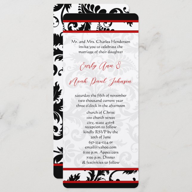 Red Black White 9x4 Damask Unique Wedding Invitation (Front/Back)