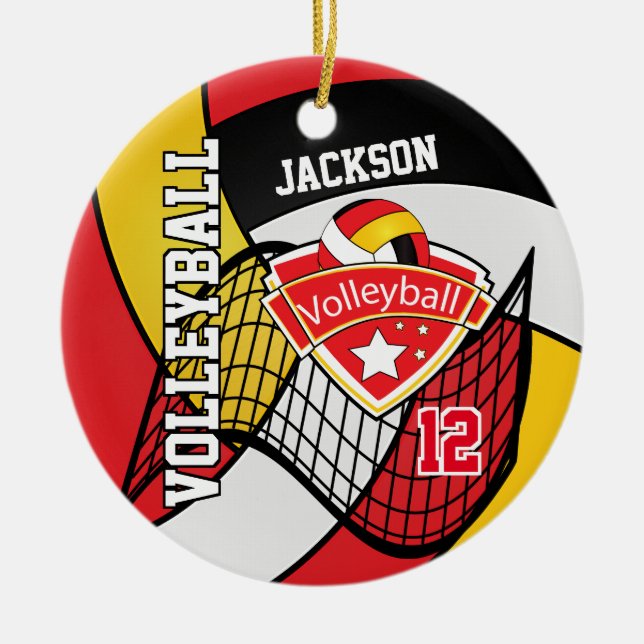 Red, Black, White and Gold Volleyball Ceramic Tree Decoration (Front)