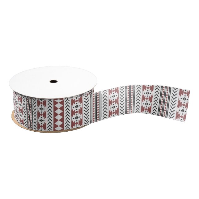Red Black White Aztec  Print Geometric Pattern Grosgrain Ribbon (Spool)