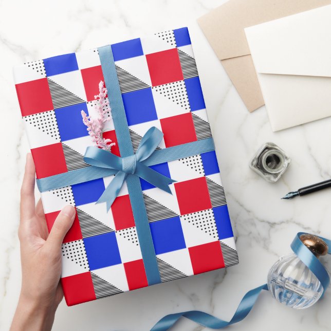 Red black white & blue geometric pattern aesthetic wrapping paper (Gifting)