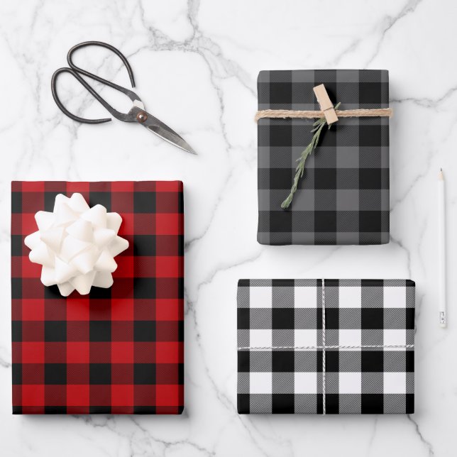 Red Black & White Buffalo Plaid Wrapping Paper Sheet (Front)