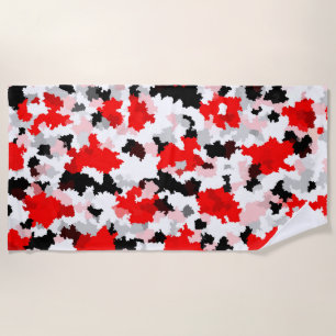 Red Black White Camo Abstract Design Beach Towel