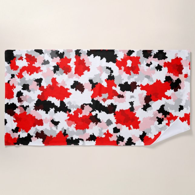 Red Black White Camo Abstract Design  Beach Towel (Front)