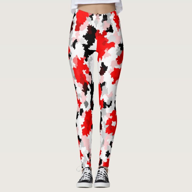 Red Black White Camo Abstract Design  Leggings (Front)