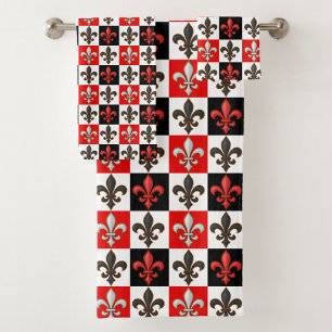 Red Black White Checkered Fleur-de-lis Design  Bath Towel Set