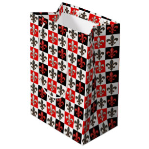 Red Black White Checkered Fleur-de-lis Design  Medium Gift Bag