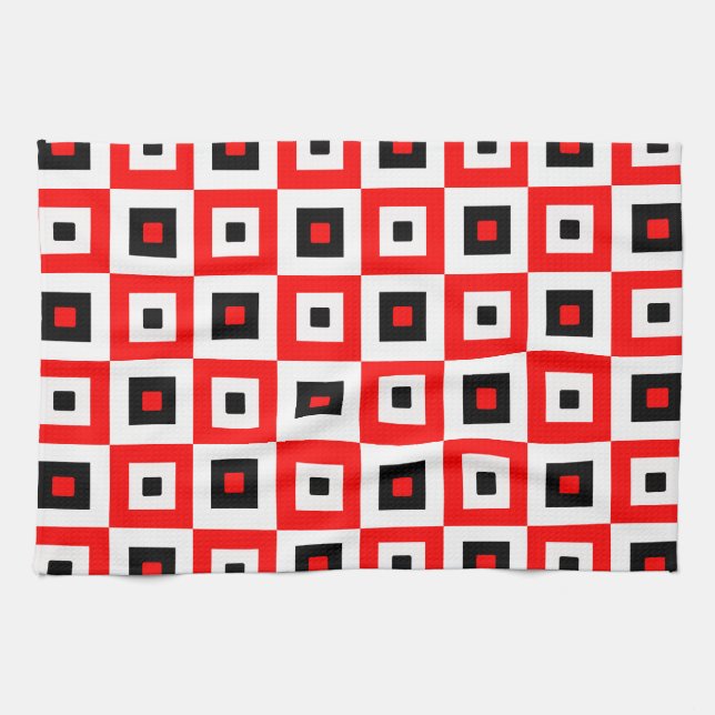 Red Black White Checkered Squares Pattern Design Tea Towel (Horizontal)