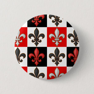 Red Black White Chequered Fleur-de-lis Design 6 Cm Round Badge