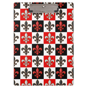 Red Black White Chequered Fleur-de-lis Design Clipboard