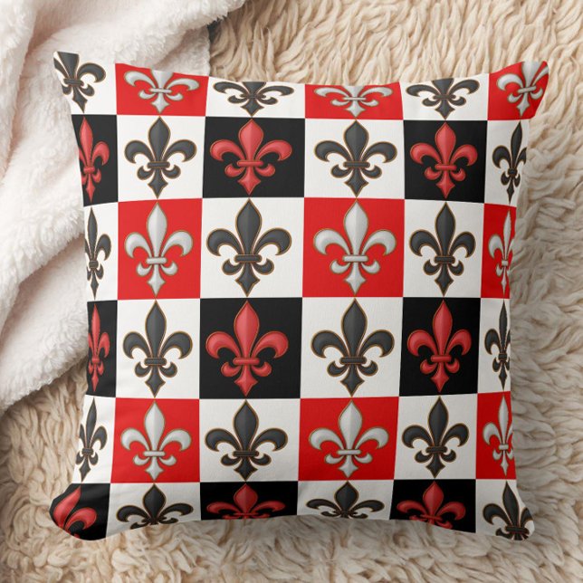 Red Black White Chequered Fleur-de-lis Design  Cushion (Creator Uploaded)