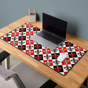 Red Black White Chequered Fleur-de-lis Design Desk Mat