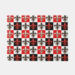 Red Black White Chequered Fleur-de-lis Design Doormat
