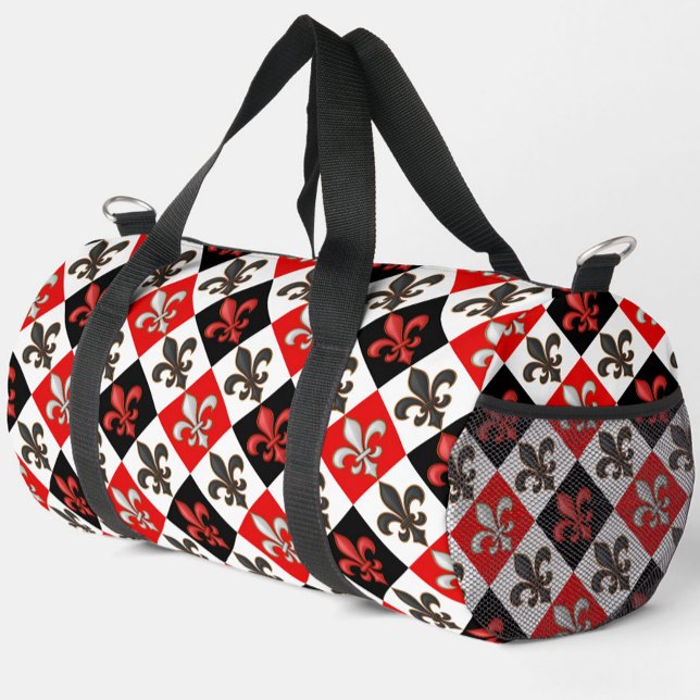 Red Black White Chequered Fleur-de-lis Design  Duffle Bag (Creator Uploaded)