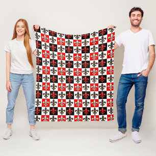 Red Black White Chequered Fleur-de-lis Design Fleece Blanket