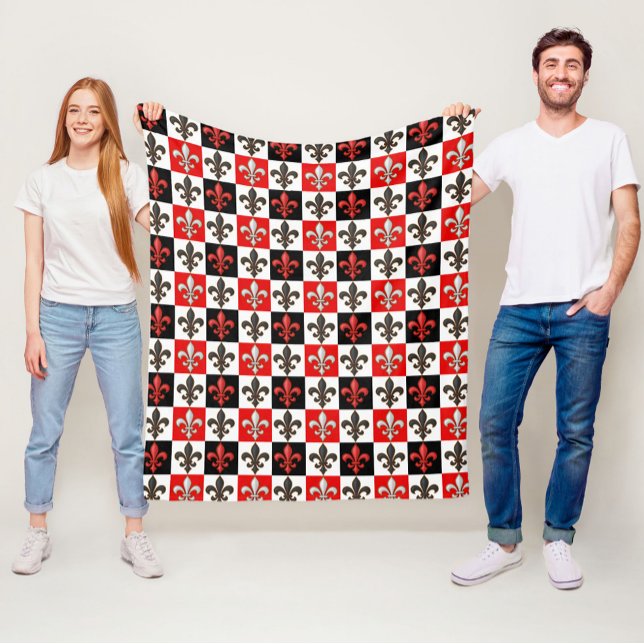 Red Black White Chequered Fleur-de-lis Design  Fleece Blanket (Creator Uploaded)