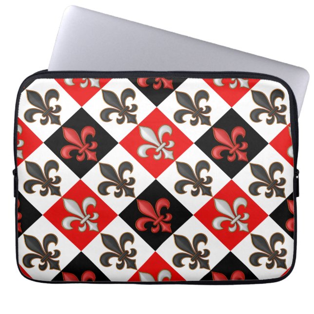 Red Black White Chequered Fleur-de-lis Design  Laptop Sleeve (Front)
