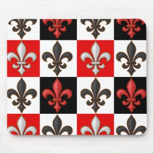 Red Black White Chequered Fleur-de-lis Design Mouse Pad