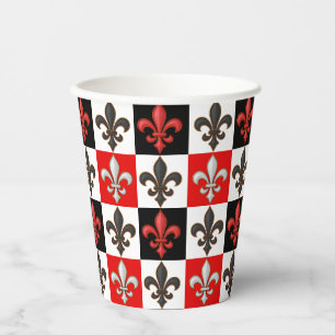 Red Black White Chequered Fleur-de-lis Design Paper Cups