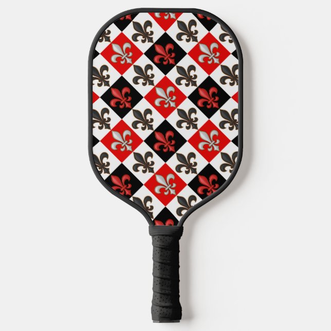 Red Black White Chequered Fleur-de-lis Design  Pickleball Paddle (Front)