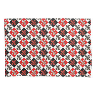 Red Black White Chequered Fleur-de-lis Design  Pillowcase