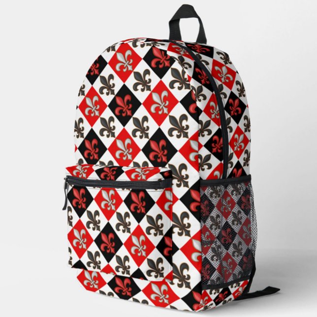 Red Black White Chequered Fleur-de-lis Design  Printed Backpack (Creator Uploaded)