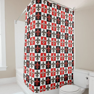 Red Black White Chequered Fleur-de-lis Design Shower Curtain