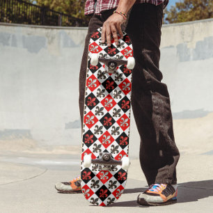 Red Black White Chequered Fleur-de-lis Design Skateboard