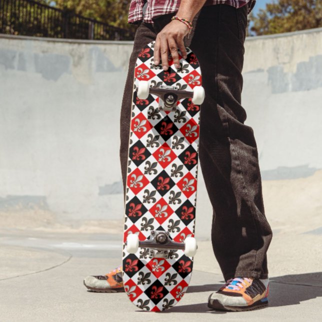 Red Black White Chequered Fleur-de-lis Design  Skateboard (Creator Uploaded)