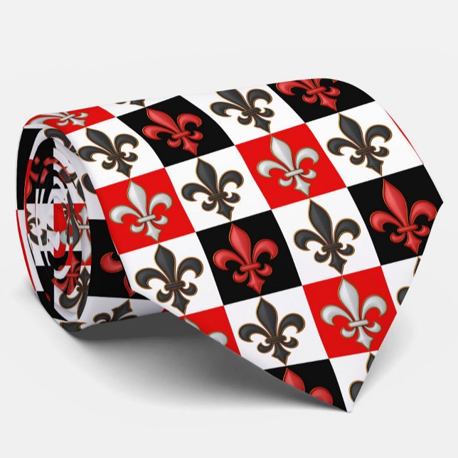Red Black White Chequered Fleur-de-lis Design  Tie (Creator Uploaded)