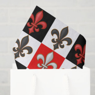 Red Black White Chequered Fleur-de-lis Design Tissue Paper