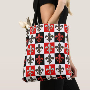 Red Black White Chequered Fleur-de-lis Design Tote Bag