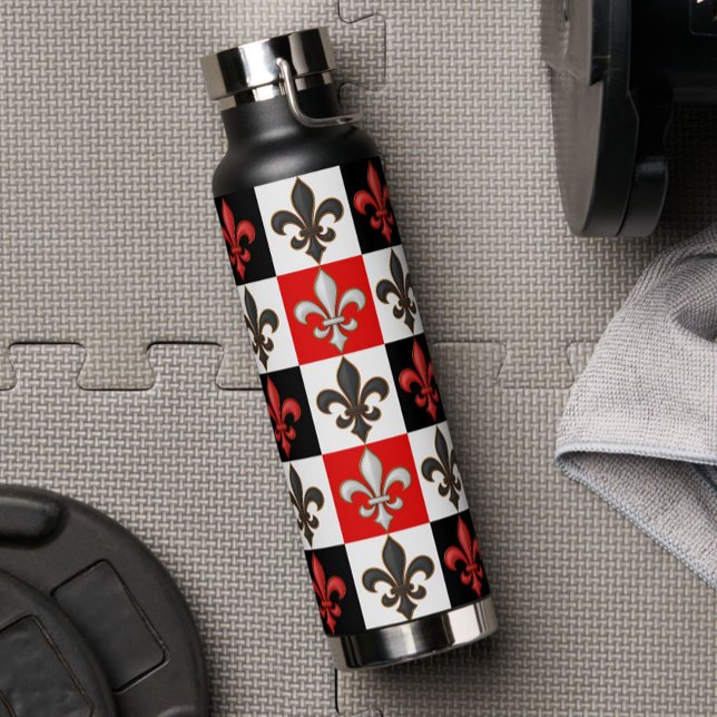 Red Black White Chequered Fleur-de-lis Design  Water Bottle (Creator Uploaded)