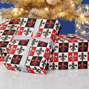 Red Black White Chequered Fleur-de-lis Design Wrapping Paper