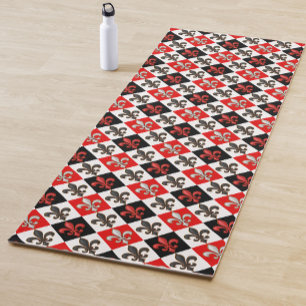 Red Black White Chequered Fleur-de-lis Design Yoga Mat