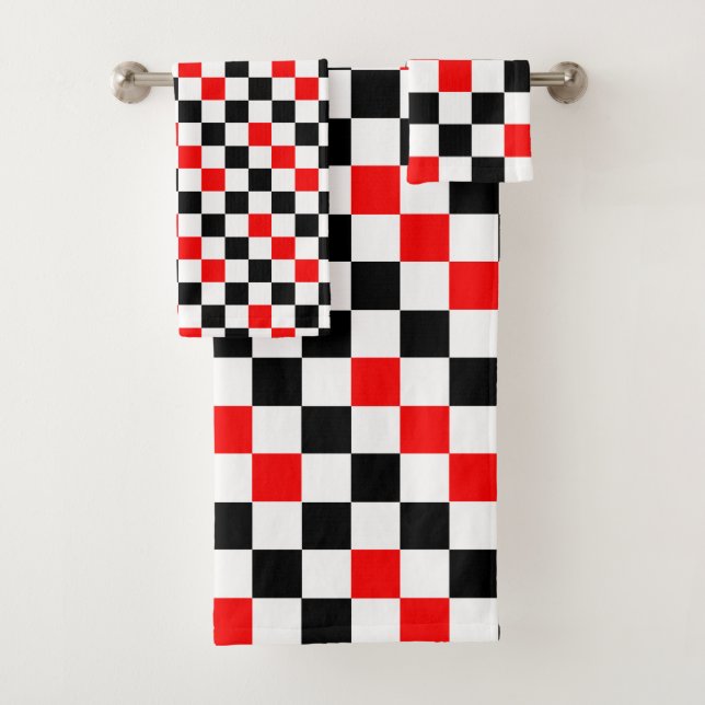 Red Black White Chequered Pattern Design  Bath Towel Set (Insitu)