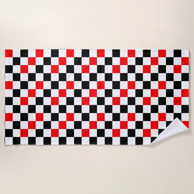 Red Black White Chequered Pattern Design  Beach Towel (Front)