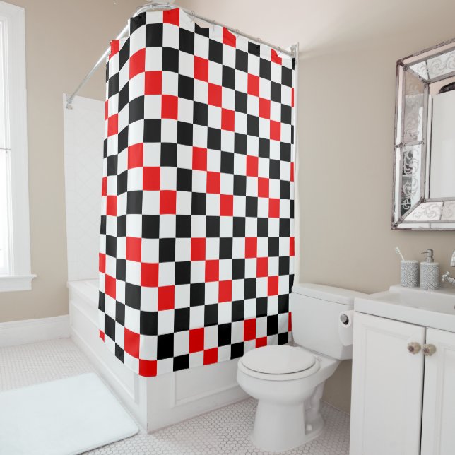 Red Black White Chequered Pattern Design  Shower Curtain (In Situ)