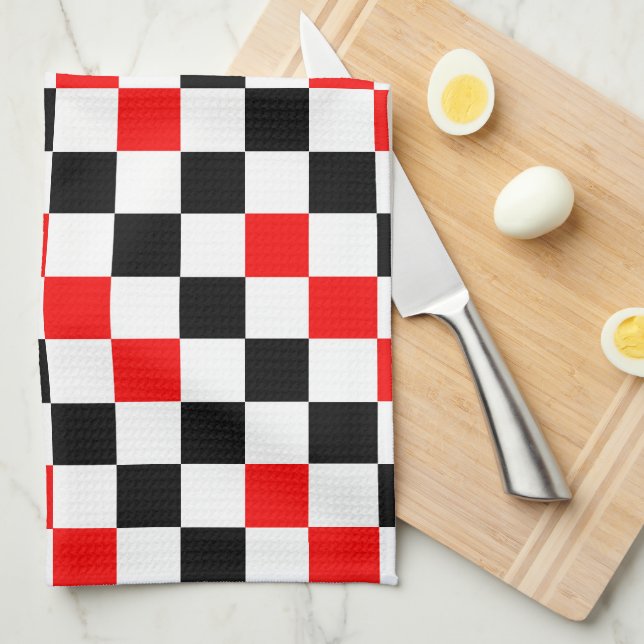 Red Black White Chequered Pattern Design  Tea Towel (Quarter Fold)