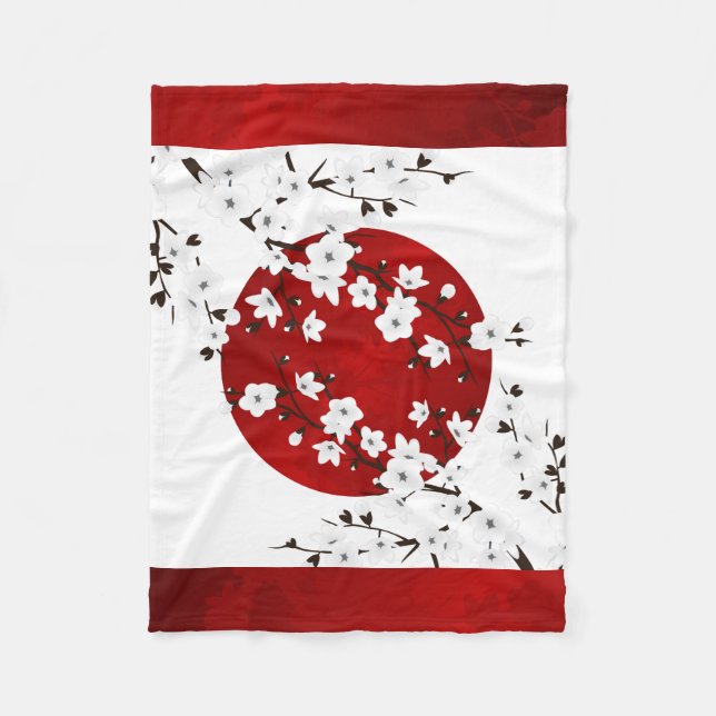 Red Black White Cherry Blossom Rising Sun Fleece Blanket (Front)