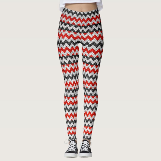 Red Black White Chevron Modern Leather Leggings (Front)