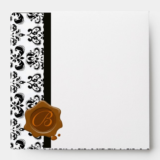 RED BLACK WHITE DAMASK  BROWN WAX SEAL MONOGRAM ENVELOPES (Front)