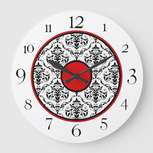 Red Black & White Damask Elegant 10.75" Clock (Front)