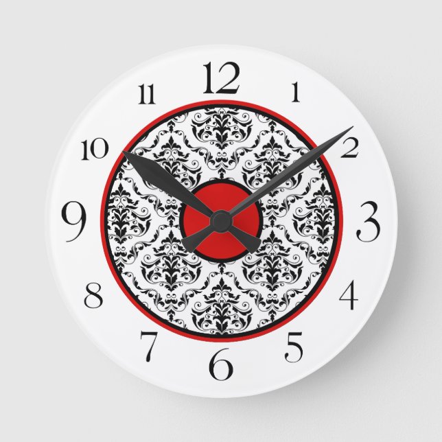 Red Black & White Damask Elegant Round Clock (Front)