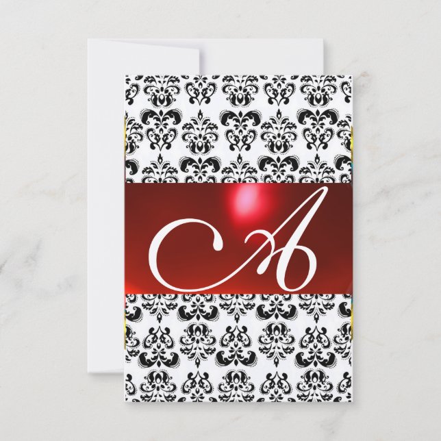 RED BLACK WHITE DAMASK GEM MONOGRAM rsvp silver Card (Front)