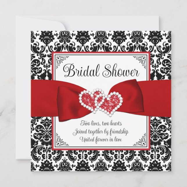 Red, Black, White Damask Love Hearts Bridal Shower Invitation (Front)