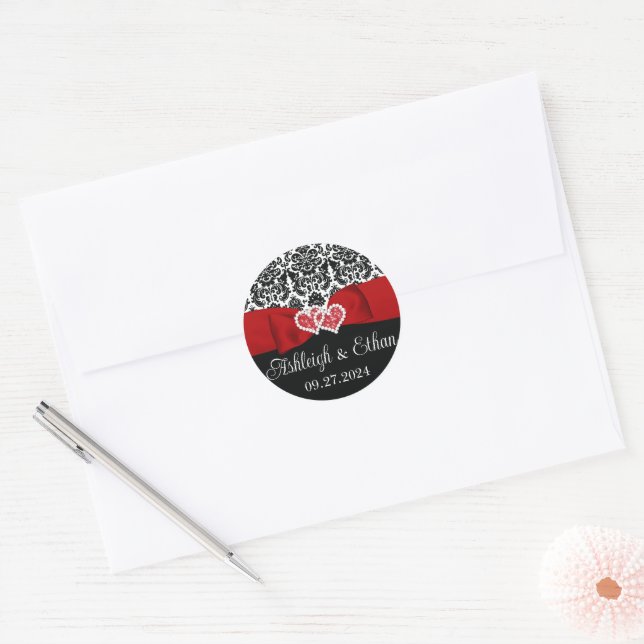 Red, Black, White Damask Love Hearts Wedding Classic Round Sticker (Envelope)