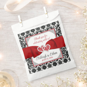 Red, Black, White Damask Love Hearts Wedding Favour Bags
