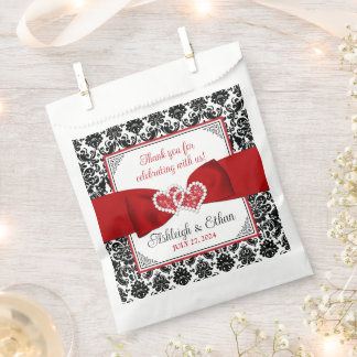 Red, Black, White Damask Love Hearts Wedding Favour Bags