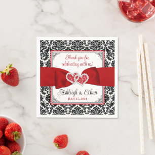 Red, Black, White Damask Love Hearts Wedding Napkin